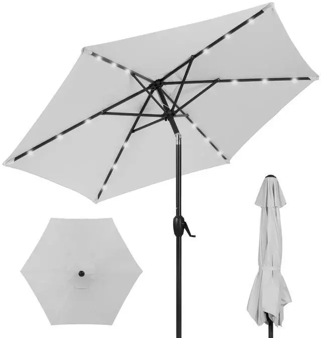 Main image of 7.5ft Solar Umbrella LED Lighted Patio Umbrella, Table Market Umbrella with Tilt and Crank, Outdoor Umbrella for Garden, Deck, Backyard, Pool and Beach - Fog Grey