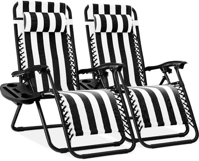 Main image of Set of 2 Adjustable Steel Mesh Zero Gravity Lounge Chair Recliners w/Pillows and Cup Holder Trays - Black Striped