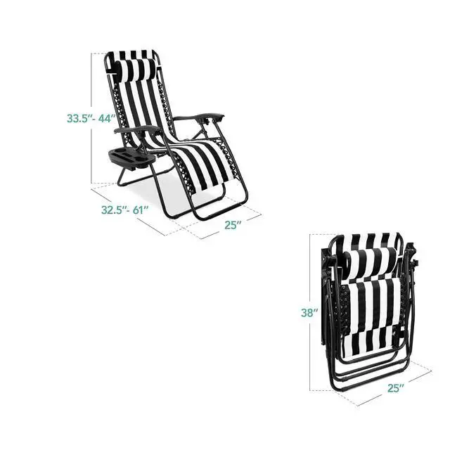 Alt view image 3 of 7 - Set of 2 Adjustable Steel Mesh Zero Gravity Lounge Chair Recliners w/Pillows and Cup Holder Trays - Black Striped