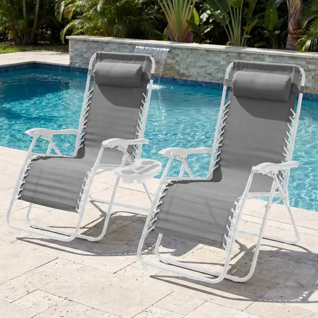Alt view image 2 of 7 - Set of 2 Extra Wide Adjustable Steel Mesh Zero Gravity Lounge Chair Recliners w/Pillows and Cup Holder Trays - Ice Gray/White