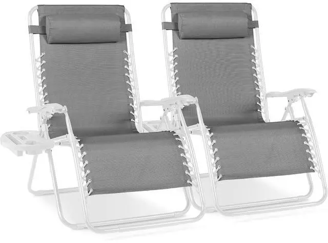 Main image of Set of 2 Extra Wide Adjustable Steel Mesh Zero Gravity Lounge Chair Recliners w/Pillows and Cup Holder Trays - Ice Gray/White