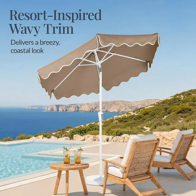 Alt view image 3 of 7 - 7.5ft Patio Market Umbrella with Wavy Trim, UV-Fade-Resistant 210g Canopy, Crank & Tilt, Wind Vent, Heavy-Duty Frame - Tan