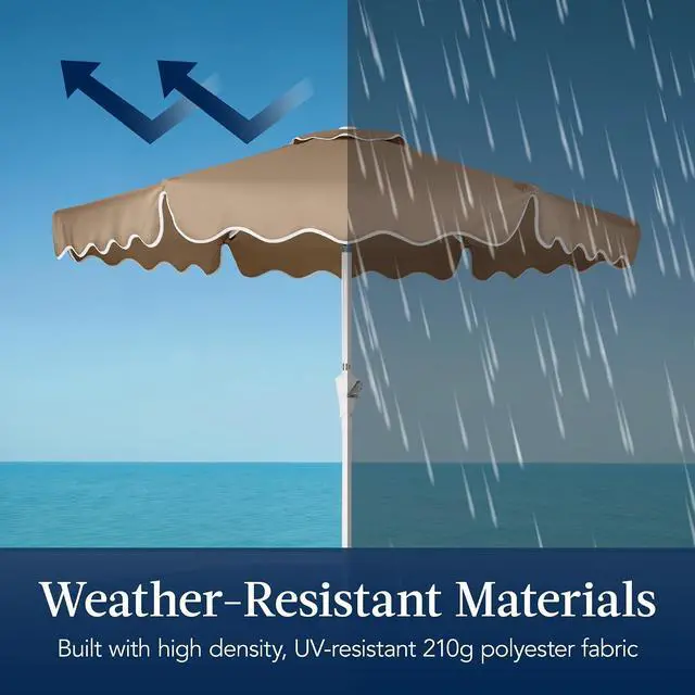 Alt view image 4 of 7 - 7.5ft Patio Market Umbrella with Wavy Trim, UV-Fade-Resistant 210g Canopy, Crank & Tilt, Wind Vent, Heavy-Duty Frame - Tan