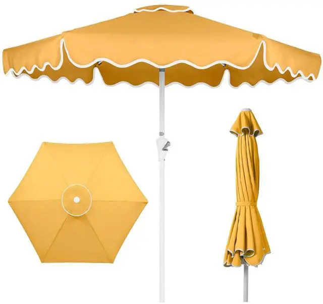 Main image of 7.5ft Patio Market Umbrella with Wavy Trim, UV-Fade-Resistant 210g Canopy, Crank & Tilt, Wind Vent, Heavy-Duty Frame - Marigold