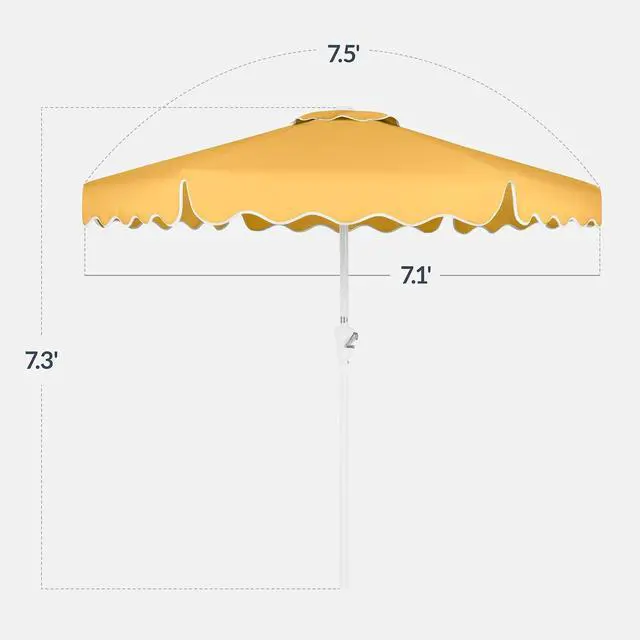 Alt view image 2 of 7 - 7.5ft Patio Market Umbrella with Wavy Trim, UV-Fade-Resistant 210g Canopy, Crank & Tilt, Wind Vent, Heavy-Duty Frame - Marigold