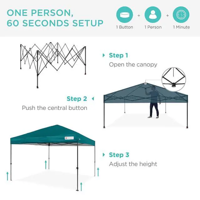 Alt view image 2 of 7 - 10x10ft Pop Up Canopy Tent, Outdoor Shade, 1 Person 1 Minute Set Up, Carry Case, 4 Weight Bags - Cerulean