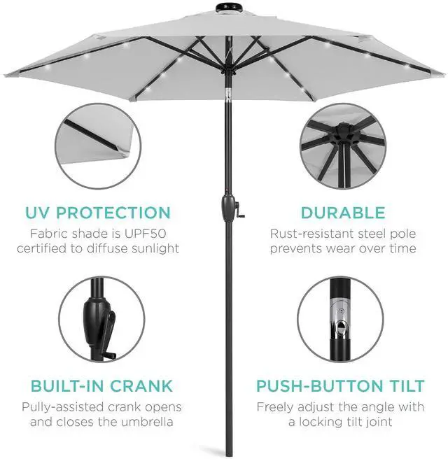 Alt view image 5 of 7 - 7.5ft Solar Umbrella LED Lighted Patio Umbrella, Table Market Umbrella with Tilt and Crank, Outdoor Umbrella for Garden, Deck, Backyard, Pool and Beach - Fog Grey