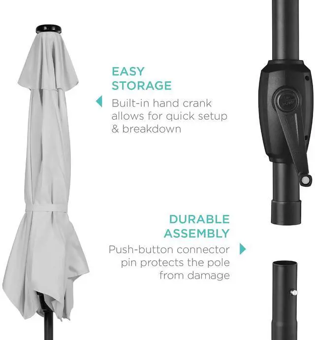 Alt view image 6 of 7 - 7.5ft Solar Umbrella LED Lighted Patio Umbrella, Table Market Umbrella with Tilt and Crank, Outdoor Umbrella for Garden, Deck, Backyard, Pool and Beach - Fog Grey