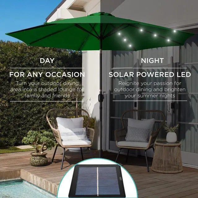 Alt view image 3 of 7 - 10ft Solar Polyester LED Lighted Patio Umbrella w/Tilt Adjustment and UV-Resistant Fabric - Green