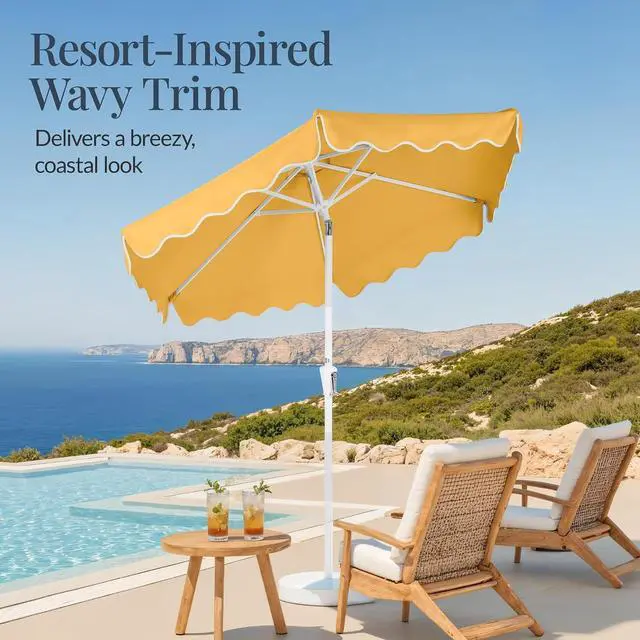 Alt view image 3 of 7 - 7.5ft Patio Market Umbrella with Wavy Trim, UV-Fade-Resistant 210g Canopy, Crank & Tilt, Wind Vent, Heavy-Duty Frame - Marigold