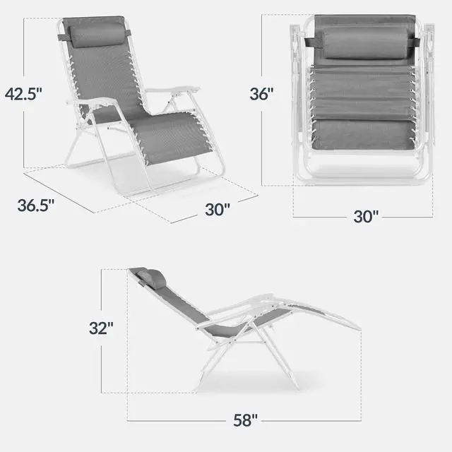 Alt view image 3 of 7 - Set of 2 Extra Wide Adjustable Steel Mesh Zero Gravity Lounge Chair Recliners w/Pillows and Cup Holder Trays - Ice Gray/White