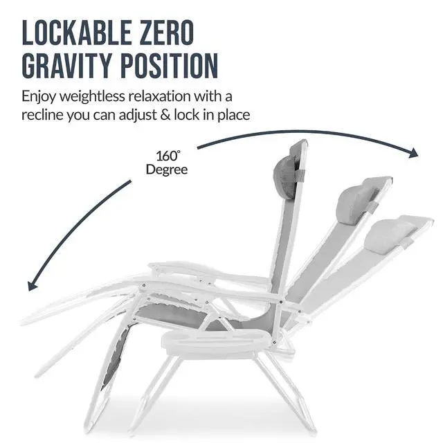 Alt view image 5 of 7 - Set of 2 Extra Wide Adjustable Steel Mesh Zero Gravity Lounge Chair Recliners w/Pillows and Cup Holder Trays - Ice Gray/White