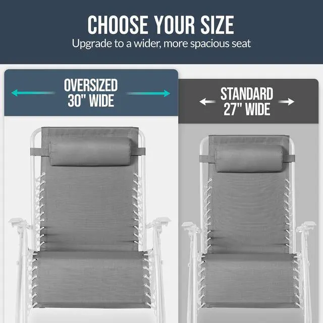 Alt view image 4 of 7 - Set of 2 Extra Wide Adjustable Steel Mesh Zero Gravity Lounge Chair Recliners w/Pillows and Cup Holder Trays - Ice Gray/White