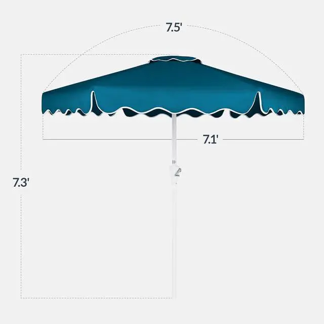 Alt view image 2 of 7 - 7.5ft Patio Market Umbrella with Wavy Trim, UV-Fade-Resistant 210g Canopy, Crank & Tilt, Wind Vent, Heavy-Duty Frame - Peacock