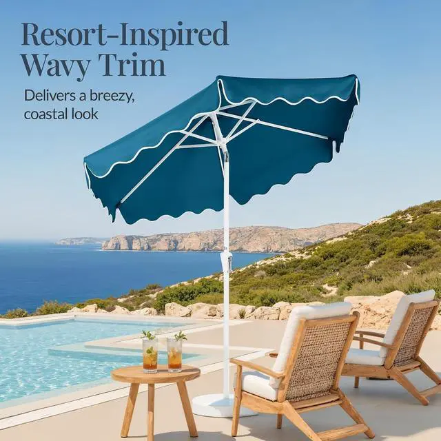 Alt view image 3 of 7 - 7.5ft Patio Market Umbrella with Wavy Trim, UV-Fade-Resistant 210g Canopy, Crank & Tilt, Wind Vent, Heavy-Duty Frame - Peacock