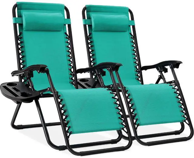 Main image of Set of 2 Adjustable Steel Mesh Zero Gravity Lounge Chair Recliners w/Pillows and Cup Holder Trays - Mint
