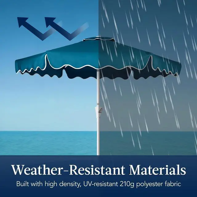 Alt view image 4 of 7 - 7.5ft Patio Market Umbrella with Wavy Trim, UV-Fade-Resistant 210g Canopy, Crank & Tilt, Wind Vent, Heavy-Duty Frame - Peacock