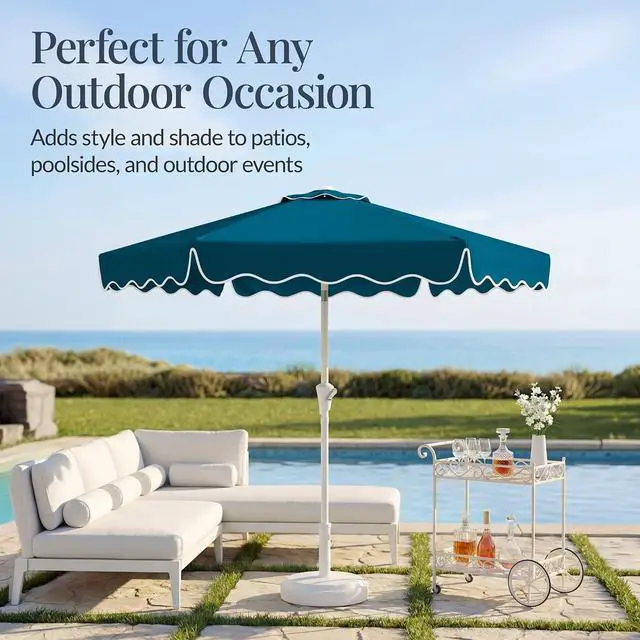 Alt view image 5 of 7 - 7.5ft Patio Market Umbrella with Wavy Trim, UV-Fade-Resistant 210g Canopy, Crank & Tilt, Wind Vent, Heavy-Duty Frame - Peacock