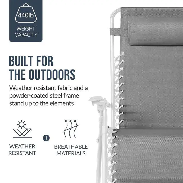 Alt view image 6 of 7 - Set of 2 Extra Wide Adjustable Steel Mesh Zero Gravity Lounge Chair Recliners w/Pillows and Cup Holder Trays - Ice Gray/White
