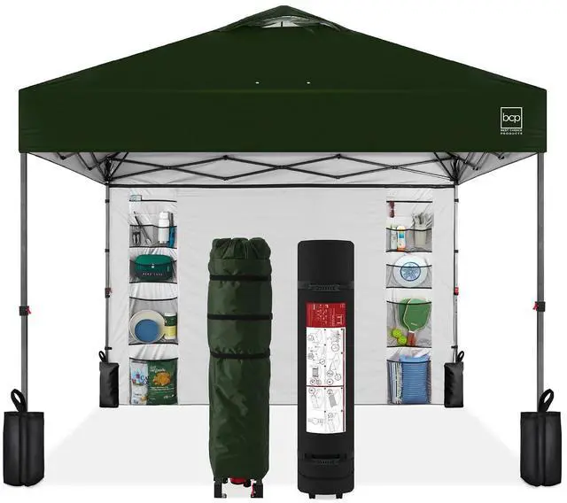 Main image of 10x10ft Pop Up Canopy Tent with Sidewall, 1 Person 1 Minute Set Up, Carry Case, 4 Weight Bags - Dark Green