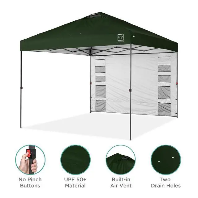 Alt view image 4 of 7 - 10x10ft Pop Up Canopy Tent with Sidewall, 1 Person 1 Minute Set Up, Carry Case, 4 Weight Bags - Dark Green