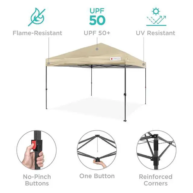 Alt view image 4 of 7 - 10x10ft Pop Up Canopy Tent, Outdoor Shade, 1 Person 1 Minute Set Up, Carry Case, 4 Weight Bags - Sand