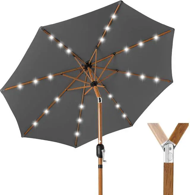 Main image of 10ft Solar Market Patio Umbrella w/Woodgrain Pattern Pole, LED Lights, Tilt & Crank - Outdoor Sun Shade for Backyard Table, Deck, Poolside - Gray