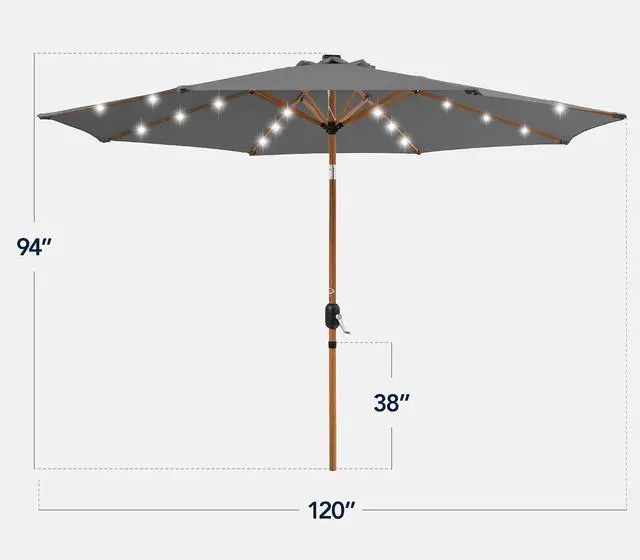 Alt view image 2 of 7 - 10ft Solar Market Patio Umbrella w/Woodgrain Pattern Pole, LED Lights, Tilt & Crank - Outdoor Sun Shade for Backyard Table, Deck, Poolside - Gray