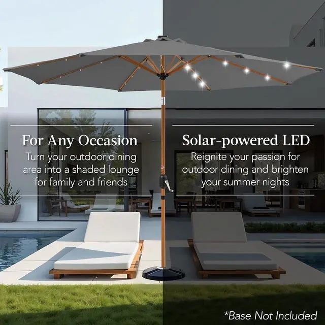 Alt view image 4 of 7 - 10ft Solar Market Patio Umbrella w/Woodgrain Pattern Pole, LED Lights, Tilt & Crank - Outdoor Sun Shade for Backyard Table, Deck, Poolside - Gray