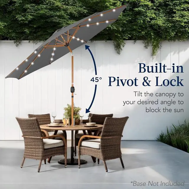 Alt view image 5 of 7 - 10ft Solar Market Patio Umbrella w/Woodgrain Pattern Pole, LED Lights, Tilt & Crank - Outdoor Sun Shade for Backyard Table, Deck, Poolside - Gray