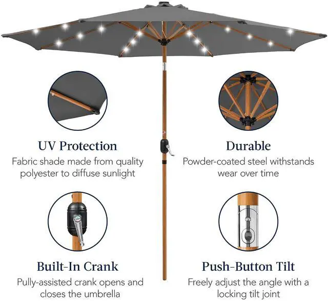 Alt view image 6 of 7 - 10ft Solar Market Patio Umbrella w/Woodgrain Pattern Pole, LED Lights, Tilt & Crank - Outdoor Sun Shade for Backyard Table, Deck, Poolside - Gray