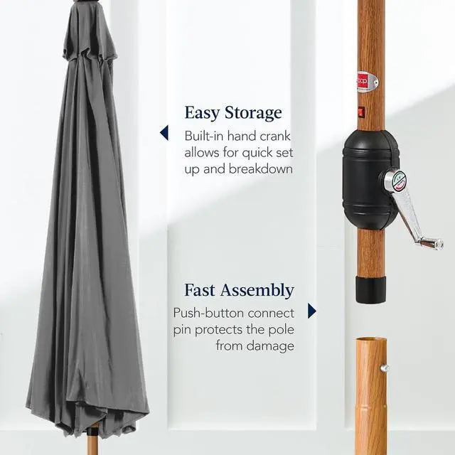 Alt view image 7 of 7 - 10ft Solar Market Patio Umbrella w/Woodgrain Pattern Pole, LED Lights, Tilt & Crank - Outdoor Sun Shade for Backyard Table, Deck, Poolside - Gray