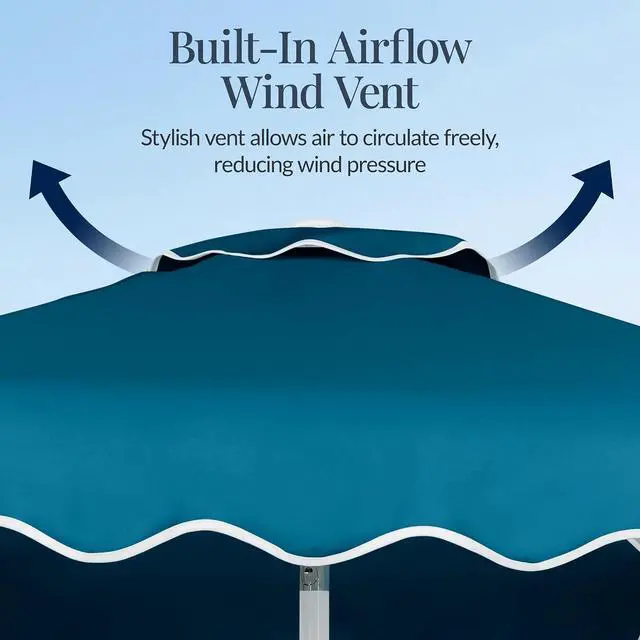 Alt view image 6 of 7 - 7.5ft Patio Market Umbrella with Wavy Trim, UV-Fade-Resistant 210g Canopy, Crank & Tilt, Wind Vent, Heavy-Duty Frame - Peacock