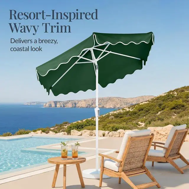 Alt view image 3 of 7 - 7.5ft Patio Market Umbrella with Wavy Trim, UV-Fade-Resistant 210g Canopy, Crank & Tilt, Wind Vent, Heavy-Duty Frame - Green