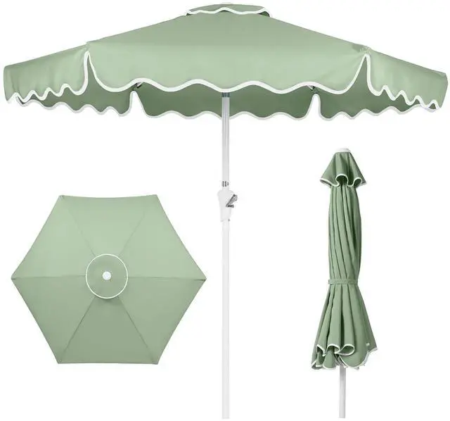 Main image of 7.5ft Patio Market Umbrella with Wavy Trim, UV-Fade-Resistant 210g Canopy, Crank & Tilt, Wind Vent, Heavy-Duty Frame - Sage Green