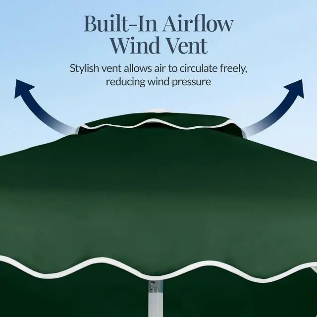 Alt view image 6 of 7 - 7.5ft Patio Market Umbrella with Wavy Trim, UV-Fade-Resistant 210g Canopy, Crank & Tilt, Wind Vent, Heavy-Duty Frame - Green