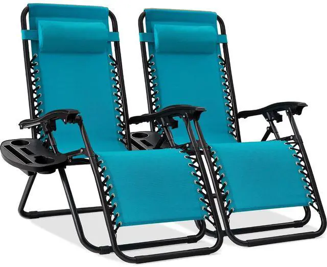 Main image of Set of 2 Adjustable Steel Mesh Zero Gravity Lounge Chair Recliners w/Pillows and Cup Holder Trays - Peacock Blue