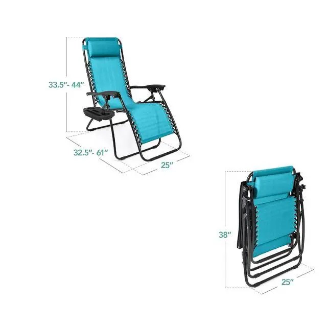 Alt view image 3 of 7 - Set of 2 Adjustable Steel Mesh Zero Gravity Lounge Chair Recliners w/Pillows and Cup Holder Trays - Peacock Blue