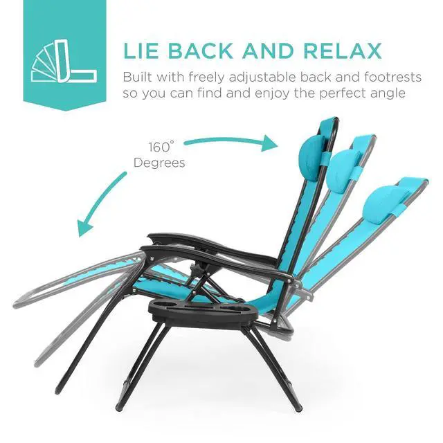 Alt view image 4 of 7 - Set of 2 Adjustable Steel Mesh Zero Gravity Lounge Chair Recliners w/Pillows and Cup Holder Trays - Peacock Blue
