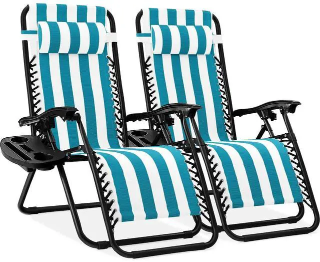 Main image of Set of 2 Adjustable Steel Mesh Zero Gravity Lounge Chair Recliners w/Pillows and Cup Holder Trays - Peacock Striped