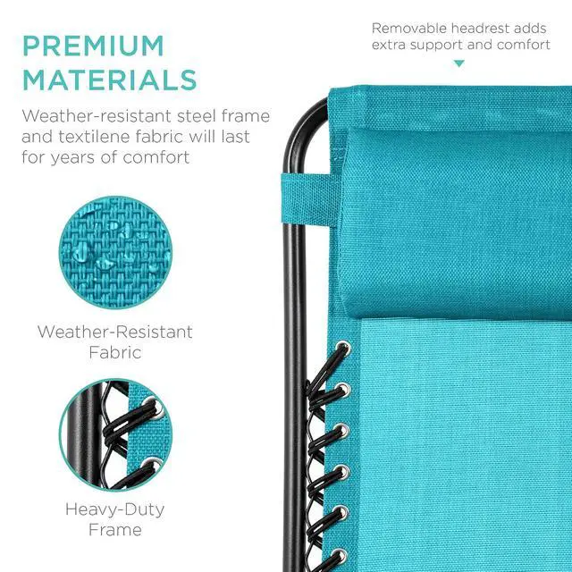 Alt view image 7 of 7 - Set of 2 Adjustable Steel Mesh Zero Gravity Lounge Chair Recliners w/Pillows and Cup Holder Trays - Peacock Blue