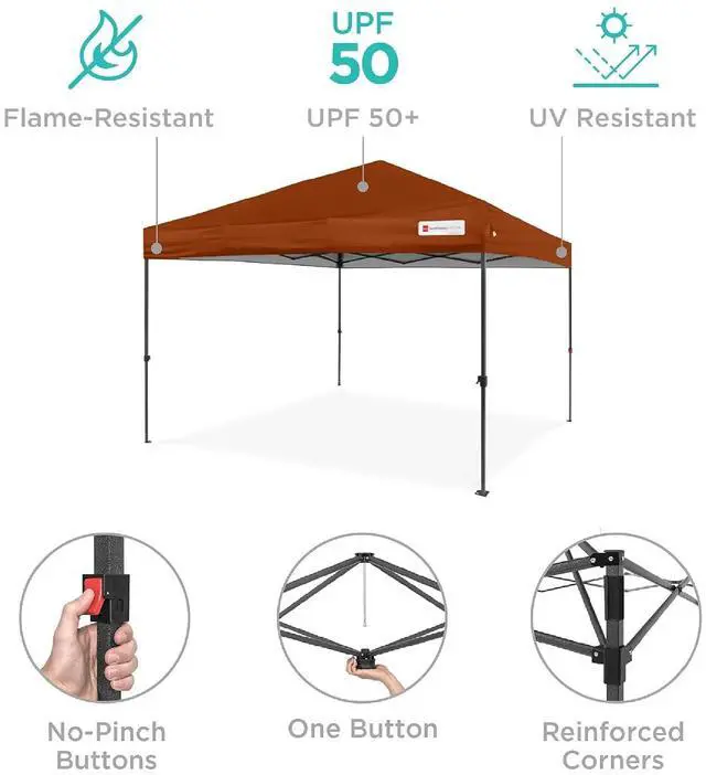 Alt view image 4 of 7 - 10x10ft Pop Up Canopy Tent, Outdoor Shade, 1 Person 1 Minute Set Up, Carry Case, 4 Weight Bags - Rust