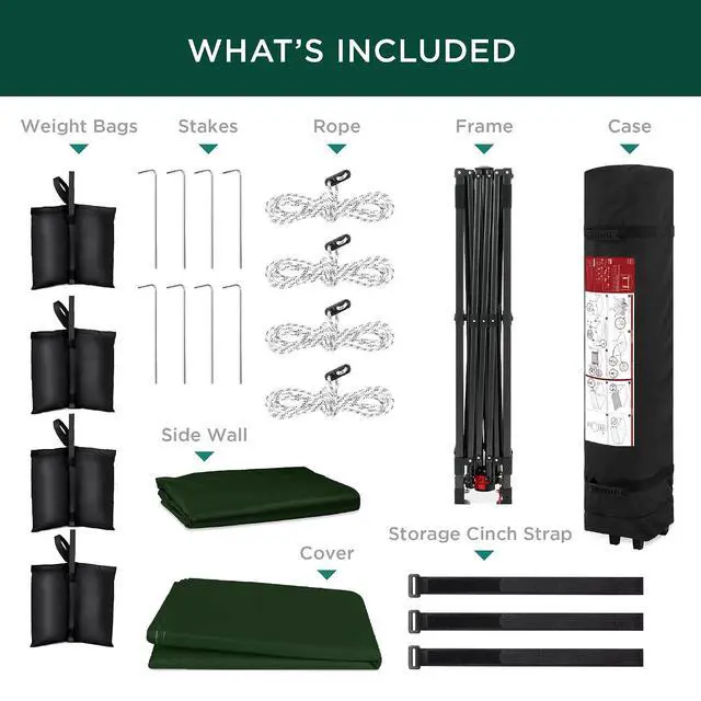 Alt view image 7 of 7 - 10x10ft Pop Up Canopy Tent with Sidewall, 1 Person 1 Minute Set Up, Carry Case, 4 Weight Bags - Dark Green