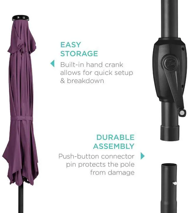 Alt view image 6 of 7 - 7.5ft Solar Umbrella LED Lighted Patio Umbrella, Table Market Umbrella with Tilt and Crank, Outdoor Umbrella for Garden, Deck, Backyard, Pool and Beach - Amethyst Purple