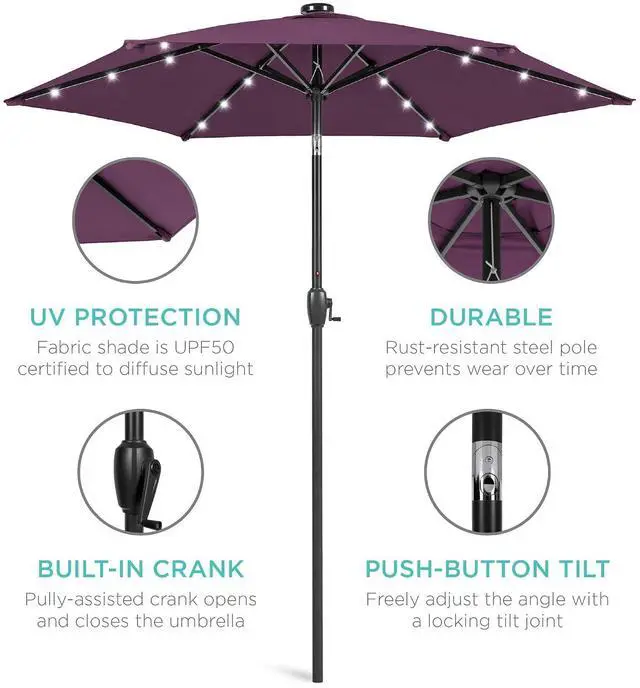 Alt view image 5 of 7 - 7.5ft Solar Umbrella LED Lighted Patio Umbrella, Table Market Umbrella with Tilt and Crank, Outdoor Umbrella for Garden, Deck, Backyard, Pool and Beach - Amethyst Purple