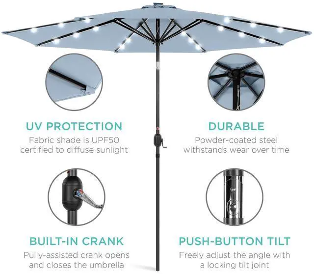 Alt view image 5 of 7 - 10ft Solar Polyester LED Lighted Patio Umbrella w/Tilt Adjustment and UV-Resistant Fabric - Breeze Blue