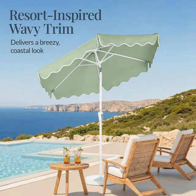 Alt view image 3 of 7 - 7.5ft Patio Market Umbrella with Wavy Trim, UV-Fade-Resistant 210g Canopy, Crank & Tilt, Wind Vent, Heavy-Duty Frame - Sage Green