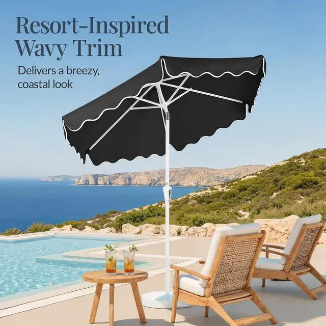 Alt view image 3 of 7 - 7.5ft Patio Market Umbrella with Wavy Trim, UV-Fade-Resistant 210g Canopy, Crank & Tilt, Wind Vent, Heavy-Duty Frame - Black