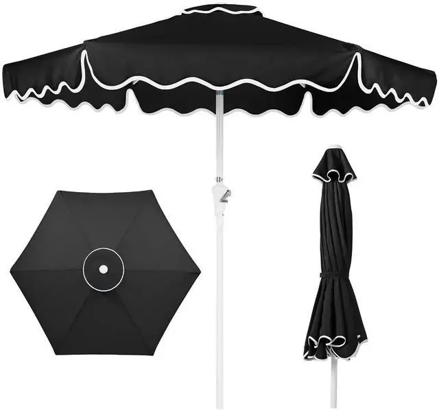 Main image of 7.5ft Patio Market Umbrella with Wavy Trim, UV-Fade-Resistant 210g Canopy, Crank & Tilt, Wind Vent, Heavy-Duty Frame - Black