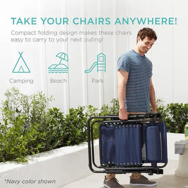 Alt view image 5 of 7 - Set of 2 Adjustable Steel Mesh Zero Gravity Lounge Chair Recliners w/Pillows and Cup Holder Trays - Mediterranean Blue Striped